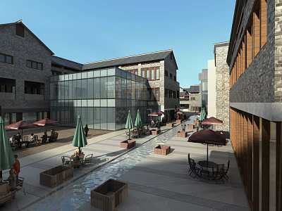 Modern Traditional Commercial Street With Glass Facade Stone Buildings Outdoor Seating And Pedestrian Areas 3d model