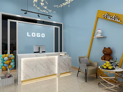 Front Desk Reception Area With Marble Countertop Logo Colorful Balloons And Teddy Bear Decor 3d model