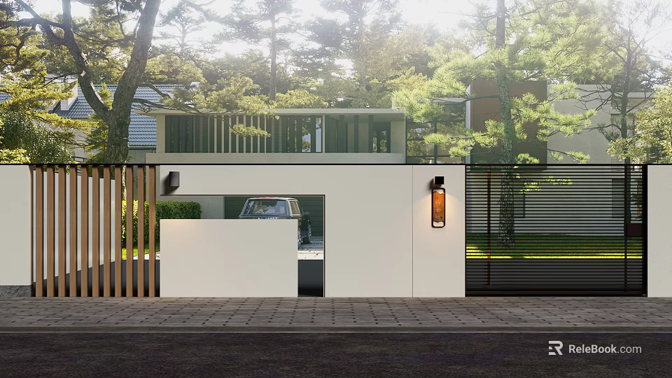 Modern Building Exterior Wall Design With White Facade Green Trees And Wall Lights 3d model 