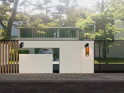 Modern Building Exterior Wall Design With White Facade Green Trees And Wall Lights 3d model
