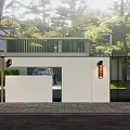 Modern Building Exterior Wall Design With White Facade Green Trees And Wall Lights