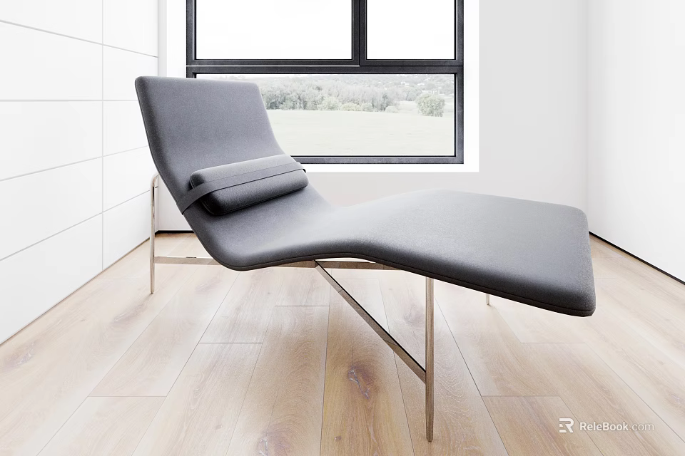 Gray Leather Lounge Chair with Metal Frame Wooden Floor White Walls Large Window Green View 3d model 