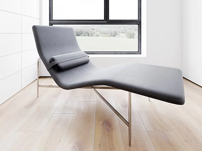 Gray Leather Lounge Chair with Metal Frame Wooden Floor White Walls Large Window Green View 3d model