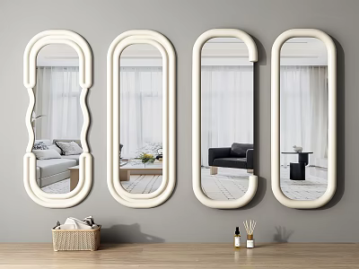 Four White Framed Mirrors With Various Shapes Reflecting Living Room Interior 3d model