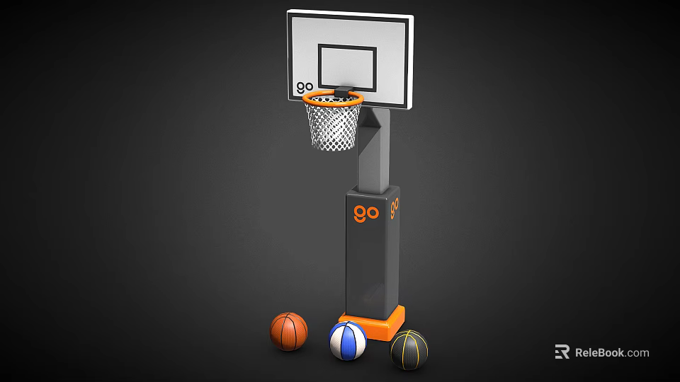 Basketball Hoop With White Backboard Orange Rim Gray Pole Go Lettering And Three Colored Basketballs 3d model 