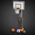 Basketball Hoop With White Backboard Orange Rim Gray Pole Go Lettering And Three Colored Basketballs