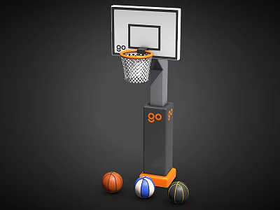 Basketball Hoop With White Backboard Orange Rim Gray Pole Go Lettering And Three Colored Basketballs 3d model