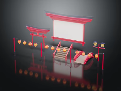 Traditional Japanese Decorative Scene With Red Torii Gates White Screen Stone Stairs And Lanterns 3d model