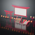 Traditional Japanese Decorative Scene With Red Torii Gates White Screen Stone Stairs And Lanterns