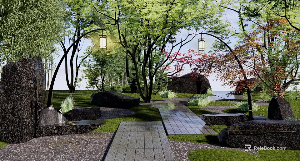 Natural Rockery Stones Landscape With Trees Hanging Lanterns Stone Slab Pathway And Rustic Cabin 3d model 