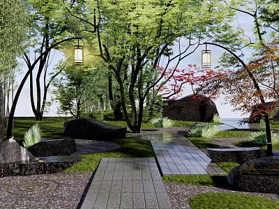 Natural Rockery Stones Landscape With Trees Hanging Lanterns Stone Slab Pathway And Rustic Cabin 3d model