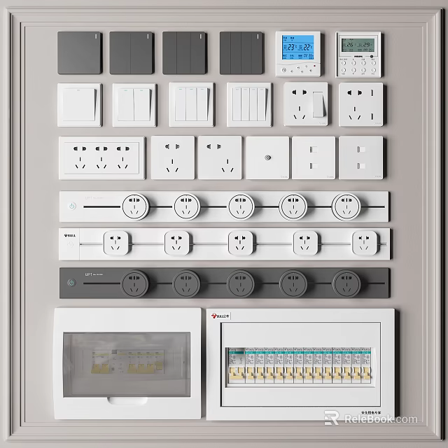 Modern Switch Panels With Button Switches Sockets Knob Controls And Gray White Design 3d model 
