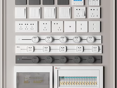 Modern Switch Panels With Button Switches Sockets Knob Controls And Gray White Design 3d model