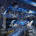 Garden Landscape With Starry Sky Moon And Blue White Flower Decorations