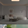 Warm Modern Minimalist Living And Dining Room With Soft Sectional Sofa And Curved Floor Lamp