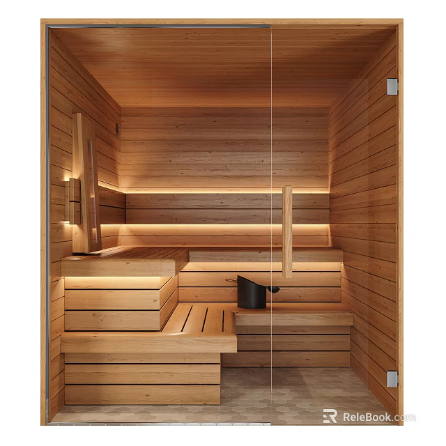 Modern Shower Sauna Interior Design With Wooden Walls And Benches 3d model 