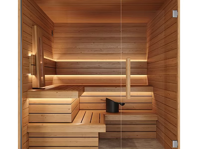 Modern Shower Sauna Interior Design With Wooden Walls And Benches 3d model