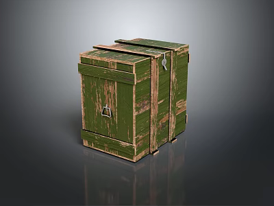 Vintage Green Wooden Box With Worn Surface Metal Latches And Straps 3d model