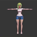Animated 3D Female Video Game Character With Blonde Hair White Top And Blue Shorts
