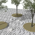Outdoor Garden Flower Planters With Trees On Paved Ground And White Stools