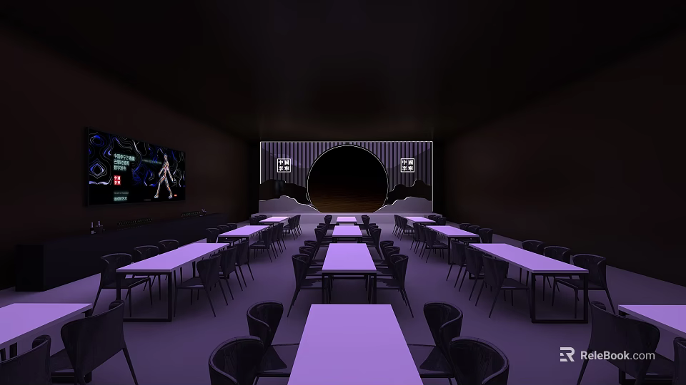 Modern Stage Setup With Lighting Background Screen And Audience Tables Chairs 3d model 