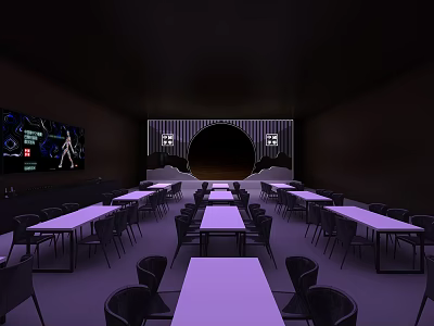 Modern Stage Setup With Lighting Background Screen And Audience Tables Chairs 3d model