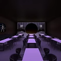 Modern Stage Setup With Lighting Background Screen And Audience Tables Chairs