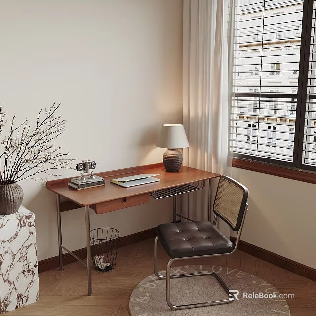 Cozy Home Office Desk With Wooden Top Metal Legs Table Lamp Books And Chair 3d model 