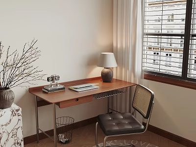 Cozy Home Office Desk With Wooden Top Metal Legs Table Lamp Books And Chair 3d model