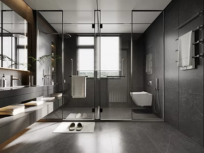 Modern Bathroom With Glass Shower Enclosure Double Vanity And Smart Toilet 3d model
