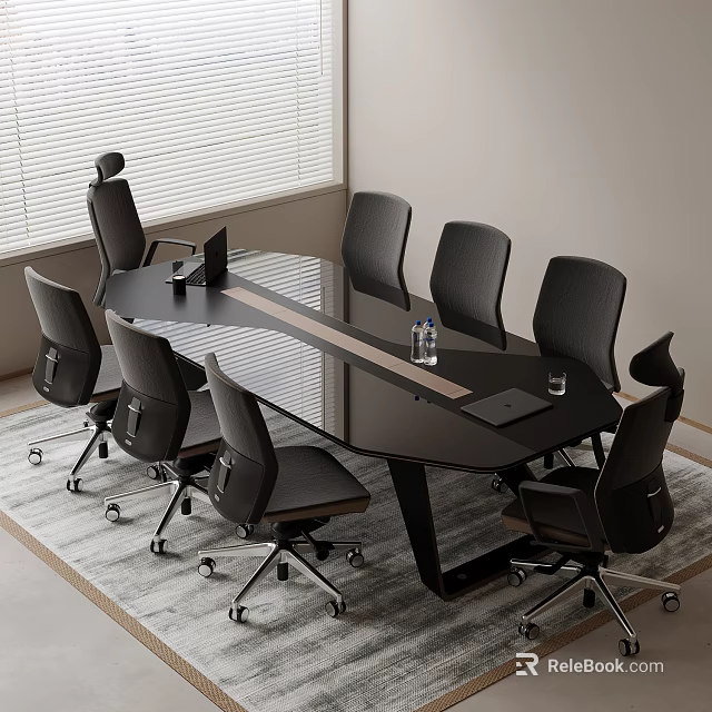 Black Glass Top Office Meeting Desk with Surrounding Ergonomic Chairs in Modern Office Room 3d model 