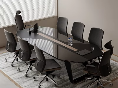 Black Glass Top Office Meeting Desk with Surrounding Ergonomic Chairs in Modern Office Room 3d model