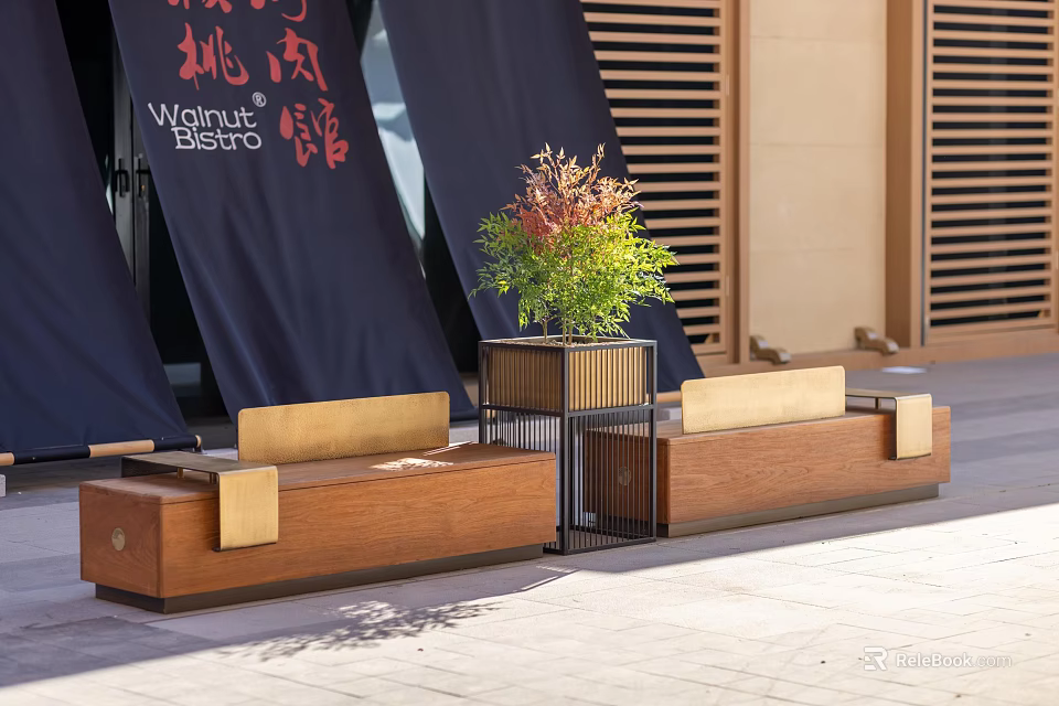 Modern Outdoor Landscape Seating With Wooden Structure And Green Potted Plants 3d model 