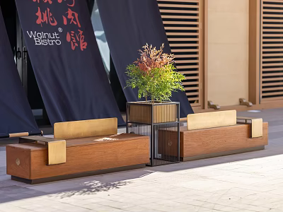 Modern Outdoor Landscape Seating With Wooden Structure And Green Potted Plants 3d model