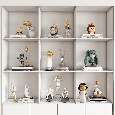 Decorative Ornament Set With Mixed Design Figurines For Home Decor On White Shelves 3d model