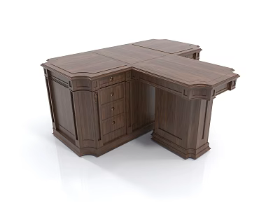 Classic Wooden L Shaped Functional Desk With Drawers And Cabinet Storage 3d model