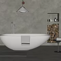 Modern Freestanding White Bathtub Interior With Textured Grey Wall Wooden Shelf Bath Products And Towel
