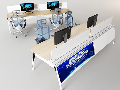 Modern Office Work Desks With Computer Monitors Ergonomic Chairs And Dividers 3d model
