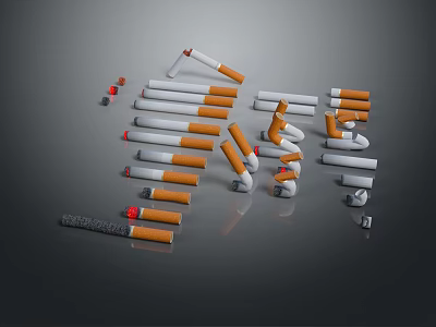 Scattered Cigarette Butts With Ash And Filters On Dark Surface 3d model
