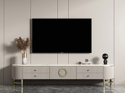 Elegant Modern TV Stand With Golden Legs And Decorative Items In Living Room 3d model