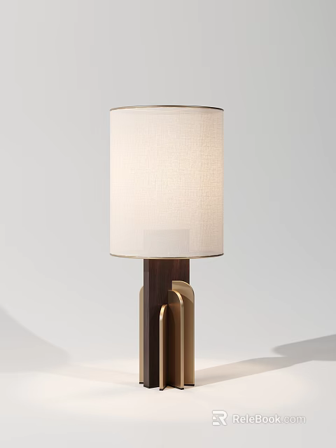 Contemporary Table Lamp With White Fabric Shade Dark Brown Wooden Gold Metal Base Modern Design 3d model 