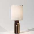Contemporary Table Lamp With White Fabric Shade Dark Brown Wooden Gold Metal Base Modern Design