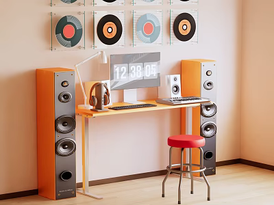 Orange Functional Desk With Computer Headphones Clock And Red Stool Near Speakers And Vinyl Records 3d model