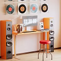 Orange Functional Desk With Computer Headphones Clock And Red Stool Near Speakers And Vinyl Records