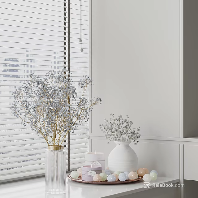 Elegant White Vase With Small Blue Flowers On Table Near Window Blinds And Decor 3d model 