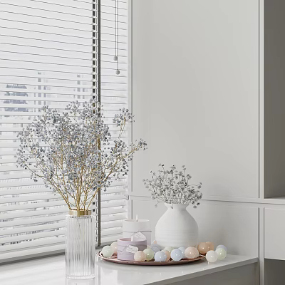 Elegant White Vase With Small Blue Flowers On Table Near Window Blinds And Decor 3d model