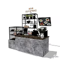 Functional Café Desk with Marble Countertop Display Shelves Coffee Machine Menu Screen and Decorative Vase