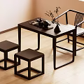 Elegant Modern Dark Wood Tea Table And Chairs Interior With Stools Tea Set And Vase Plants