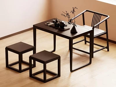 Elegant Modern Dark Wood Tea Table And Chairs Interior With Stools Tea Set And Vase Plants 3d model