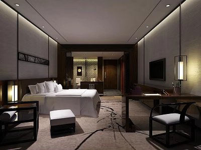Modern Chinese Style Hotel Guest Room With King Bed Desk TV And Lighting 3d model